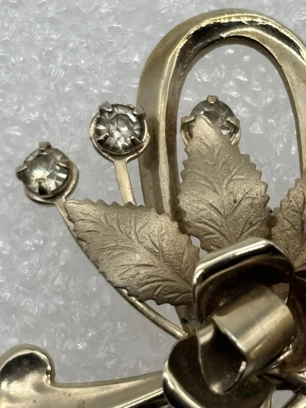 Vintage Basket of Roses Brooch Pin Polished Etched Gold Tone Rhinestone Unsigned